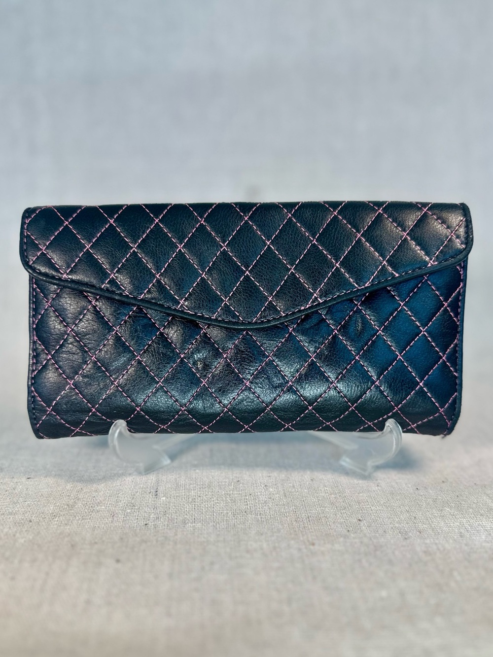 Lodis Los Angeles Black Quilted Leather Flap Wallet Magenta Pink Interior
